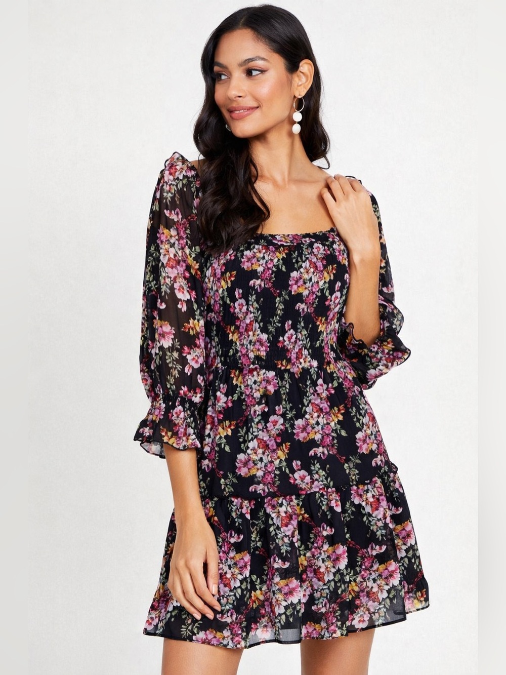 NWT Altar’d State Black Pink Floral Ruched Mini Dress M